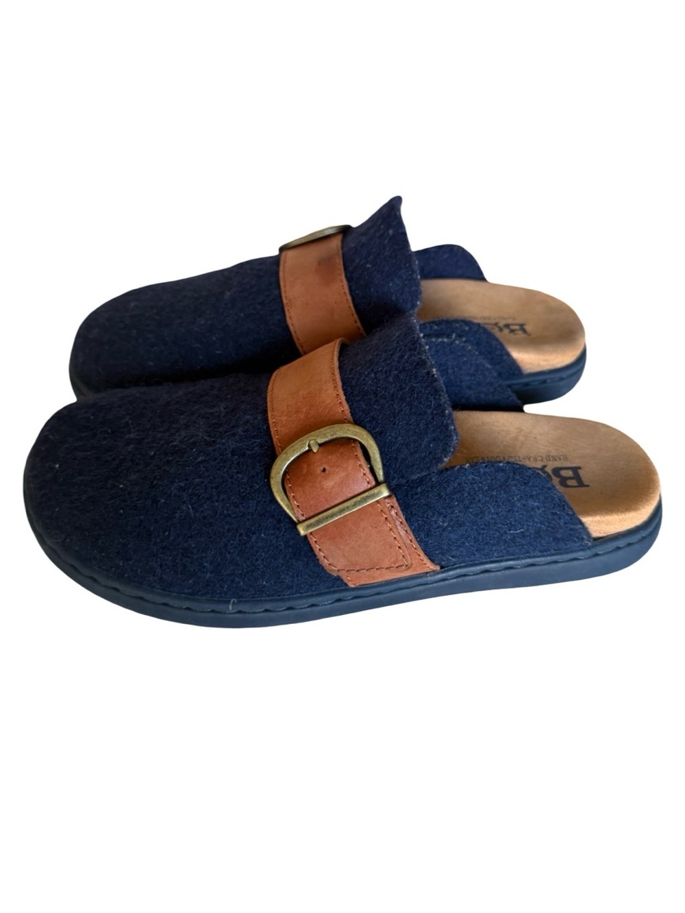 Born Womens Clogs Size 8 Navy Blue Wool Felt Brown Buckle Slip On Mules
